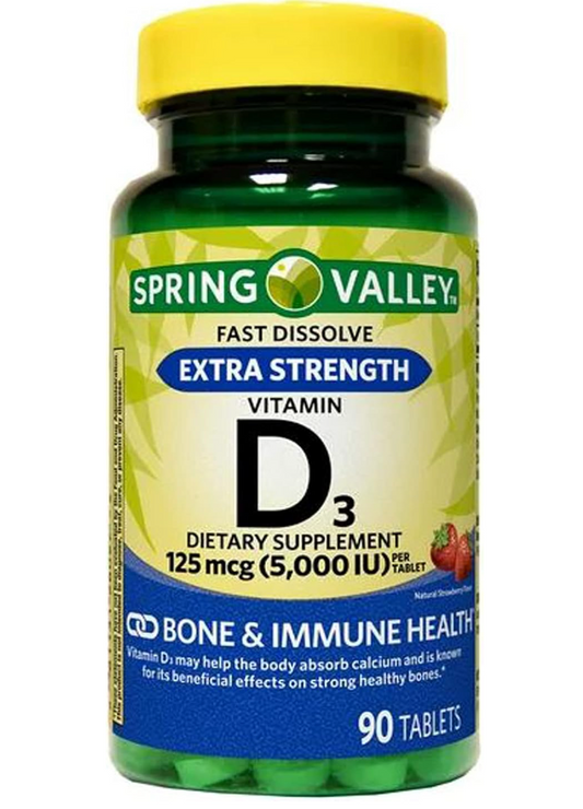 Spring Valley Extra Strength Vitamin D3 Fast Dissolve Tablets Dietary Supplement, 125 mcg (5,000 IU), Strawberry Flavor, 90 Count